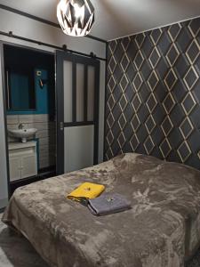 1 dormitorio con cama con lavabo y espejo en Tranquillité & indépendance au coeur de la sologne, en Lamotte-Beuvron