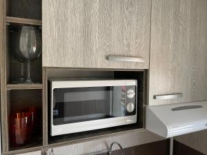 a microwave in a cabinet with a wine glass at Le Nid - your central destination in Iaşi