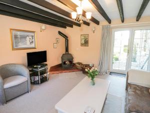 a living room with a fireplace and a stove at Aber Clwyd Manor in Corwen