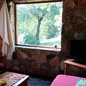 a window in a room with a stone wall at Cabañas La Pampilla in San Javier