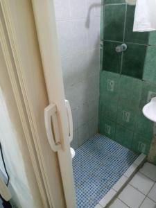 y baño con ducha, aseo y lavamanos. en HOSTAL CASA PILAR, en Masaya