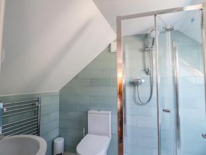a bathroom with a toilet and a shower at Hayloft in Pittenweem