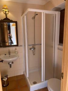 a bathroom with a shower and a sink at Casa Clemente II in La Hiruela