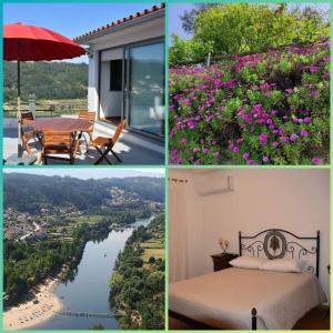 a collage of photos with a view of a river and flowers at Casa do Outeiro in Penacova