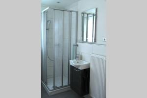 a bathroom with a sink and a shower with a mirror at Schöne helle Ferienwohnung in Waldnähe in Berching +22 photos