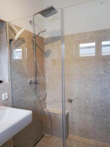 eine Dusche mit Glastür im Bad in der Unterkunft MAISON AMAND - Am See mit Privatstrand in Immenstaad am Bodensee