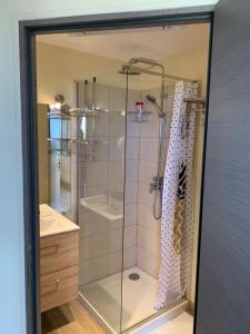 a shower with a glass door in a bathroom at Maison de la Mer in Port Leucate +16 photos