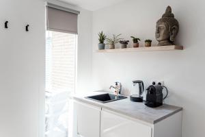 a kitchen with a sink and a statue of a head at Little Buddha in Zandvoort