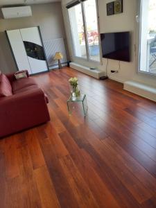 a living room with a red couch and a television at Bel appartement in Strasbourg