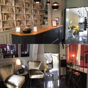 a room with two chairs and a counter with books at Le Grand Hôtel Mont Dore in Le Mont-Dore