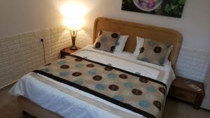 1 dormitorio con 1 cama con lámpara y almohadas en Beatrice Hospitality, en Neve Zohar