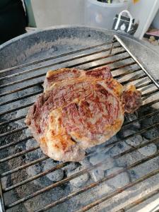 a piece of meat is cooking on a grill at Tiny house Dora in Marčana