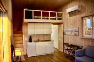 a kitchen in a tiny house with a loft at AITVARU TERASOS apartamentai pirmame aukšte su terasa į kanalą in Svencelė