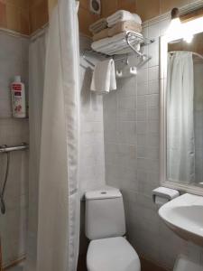 a small bathroom with a toilet and a sink at Apartahotel Montecaoru in Arenas de Cabrales +23 photos