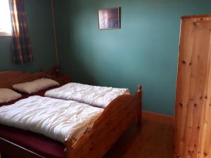 a bedroom with two beds and a green wall at Eimind Feriehus in Ask