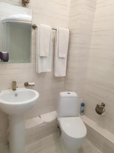 a white bathroom with a toilet and a sink at Central Hotel in Tomsk