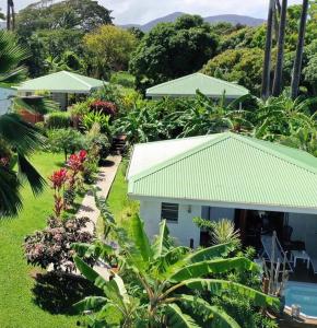 a house with a green roof and some plants at Indigo Palmes in Sainte-Rose