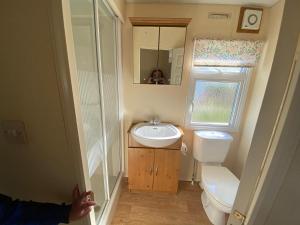 a small bathroom with a sink and a toilet at Happydays Caravan hire Whithorn 1 in Bailliewhir