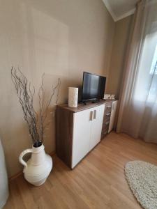 a living room with a tv and a vase with a vase at Ilike Home in Balatonfüred