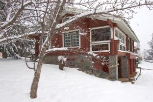 EstavarChalet de Llivia的前面有一棵树,有雪盖的房子