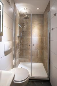 bagno con doccia e servizi igienici. di Naturhof-Papiermühle 2 Bett-Zimmer Rosenrot a Bollberg