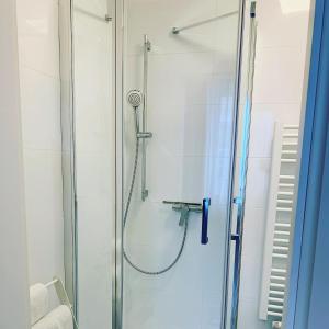a shower with a glass door in a bathroom at Pension Belo Sono in Munich