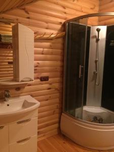 a bathroom with a shower and a sink at Дом для отдыха в лесу in Berëzovka