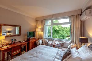 una camera d'albergo con letto, scrivania e finestra di Solitaire a Poděbrady
