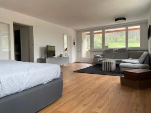 a bedroom with a bed and a living room at Skyloft Apartment Feldkirch in Feldkirch
