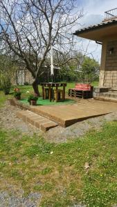 a patio with two picnic tables and a tree at Agriturismo Podernuovo in Acquapendente