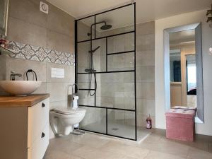 La salle de bains est pourvue de toilettes et d'une douche en verre. dans l'établissement Petite maison à l'orée des bois vue magnifique sur le lac zenitude et plénitude, à Belmont-sur-Lausanne