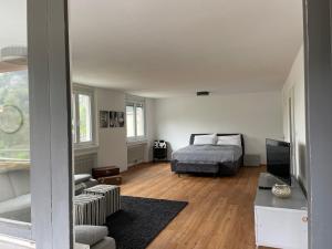 Rúm í herbergi á Skyloft Apartment Feldkirch