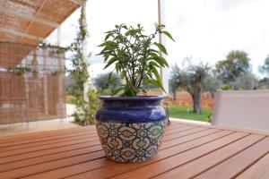 a blue and white vase with a plant in it on a table at Tenuta Cesarina in Alessano