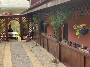 patio z doniczkami i ławką w obiekcie Izba pre štyri osoby w mieście Kolta
