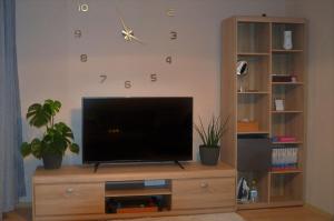 una sala de estar con TV en un centro de entretenimiento de madera en Apartament Modlin en Nowy Dwór Mazowiecki
