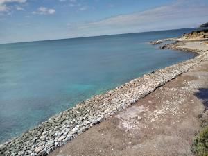 a group of rocks on the shore of the ocean at Caletta Beach in Castiglioncello