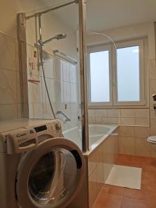 uma casa de banho com um chuveiro e uma máquina de lavar roupa em Ferienwohnung im Deggenhausertal em Deggenhausertal