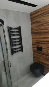 a bathroom with a toilet and a wooden door at Apartamenty Prestige Solina in Solina