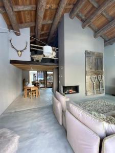 a living room with a couch and a fireplace at Chalet Ca d'Martin in Vicosoprano