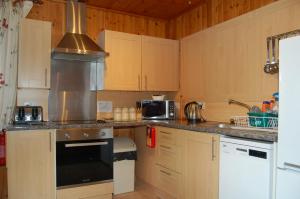 cocina con armarios de madera y horno con fogones en Woodland Chestnut Lodge, en Killin