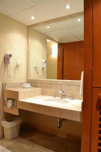 a bathroom with a sink and a large mirror at La Posada Hotel y Suites in San Luis Potos&iacute;