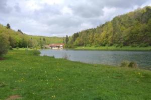 un lago con una casa in mezzo a un campo di Le repaire des belettes Vallée de Rabais a Virton