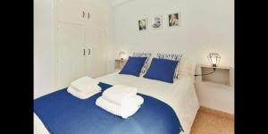 um quarto com uma cama azul e branca com almofadas azuis em GUEST HOUSE BOLTAÑA em Boltaña