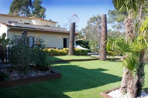 a house with a lawn with palm trees and a hammock at Villadora in Santa Coloma de Farners