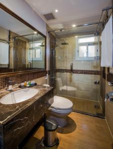 a bathroom with a sink and a toilet and a shower at Boudl Mahayel Aseer in Muhayil +36 photos