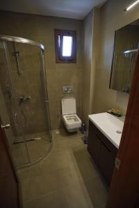 a bathroom with a shower and a toilet and a sink at Mons Casa Boutique Hotel in Muğla