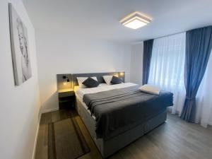 1 dormitorio con 1 cama grande y cortinas azules en Apartment Lida, en Podčetrtek