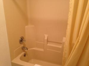 a bathroom with a shower curtain and a tub at Economy Inn - Lafayette in Lafayette