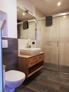 ein Bad mit einem Waschbecken, einem WC und einer Dusche in der Unterkunft Haus Seppi in Neukirchen am Großvenediger