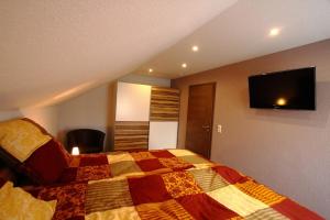 a bedroom with a bed with a tv on the wall at Ferienwohnung Groß Taubertal in Königheim